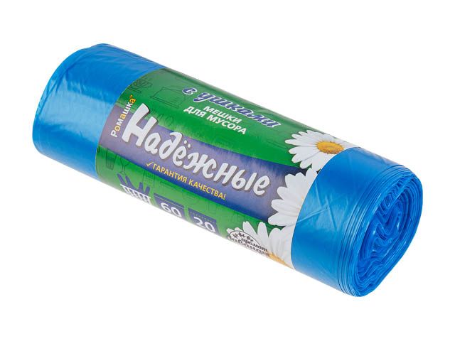 Мешки для мусора с ушками, 60 л, 20 шт, «НАДЕЖНЫЕ», синие, РОМАШКА