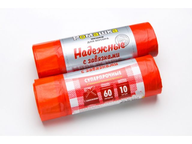 Мешки для мусора с завязками, 60 л, 10 шт, «НАДЕЖНЫЕ», красные, РОМАШКА