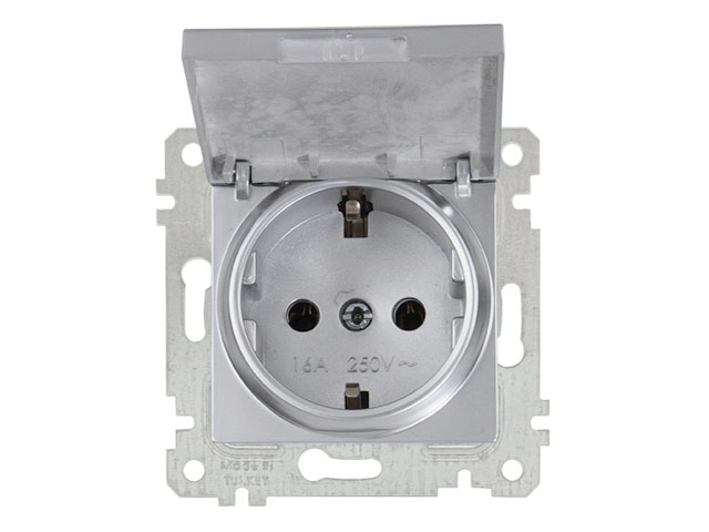 Розетка 1-ая (скрытая, без рамки, с/з, с крышкой) серебро, RITA, MUTLUSAN