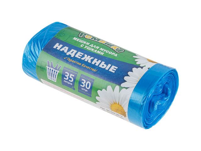 Мешки для мусора с ушками, 35 л, 30 шт, «НАДЕЖНЫЕ», синие, РОМАШКА