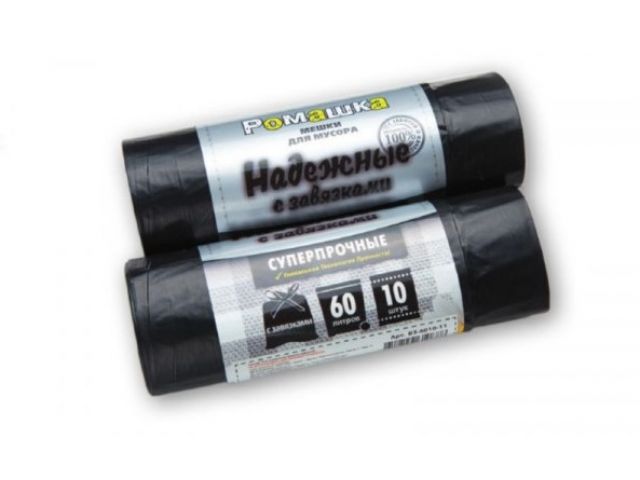 Мешки для мусора с завязками, 60 л, 10 шт, «НАДЕЖНЫЕ», черные, РОМАШКА