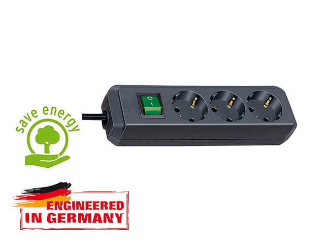 Удлинитель 1.5м (3 роз., 3.3кВт, с/з, выкл., ПВС) черный Brennenstuhl Eco-Line