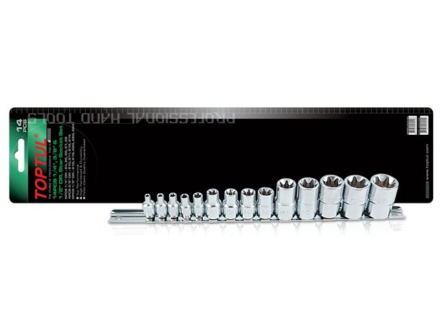 Набор головок 1/4″, 3/8″, 1/2″ «звездочка» E4-E24мм 14предм. на подвесе TOPTUL