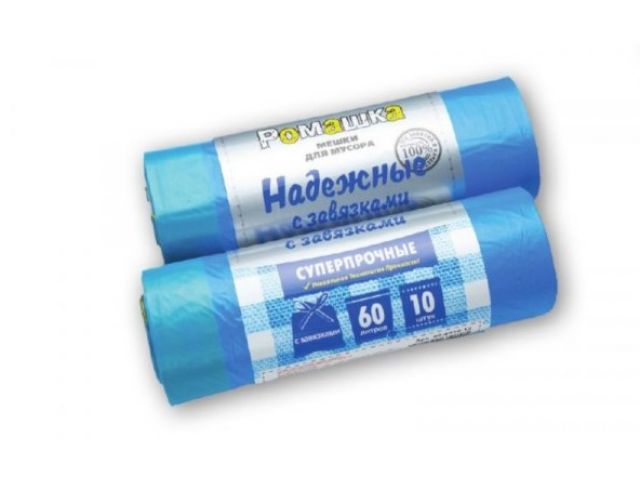 Мешки для мусора с завязками, 60 л, 10 шт, «НАДЕЖНЫЕ», синие, РОМАШКА