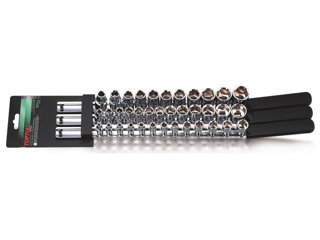 Набор головок 1/4″, 3/8″, 1/2″ 4-22мм 6гр. 37предм. на подвесе TOPTUL