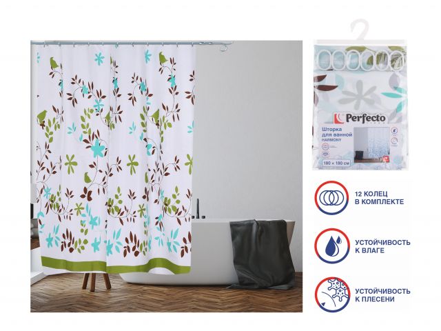 Шторка для ванной (12 колец в комплекте), 180×180 см, Harmony, флора, PERFECTO LINEA