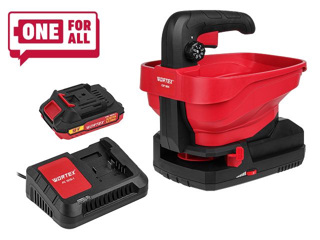 Аккум. разбрасыватель WORTEX CSP 1805 в кор. ALL1 XLT SET в кор. 18 В, 1 АКБ 2 А.ч. + з/у шир. 5м