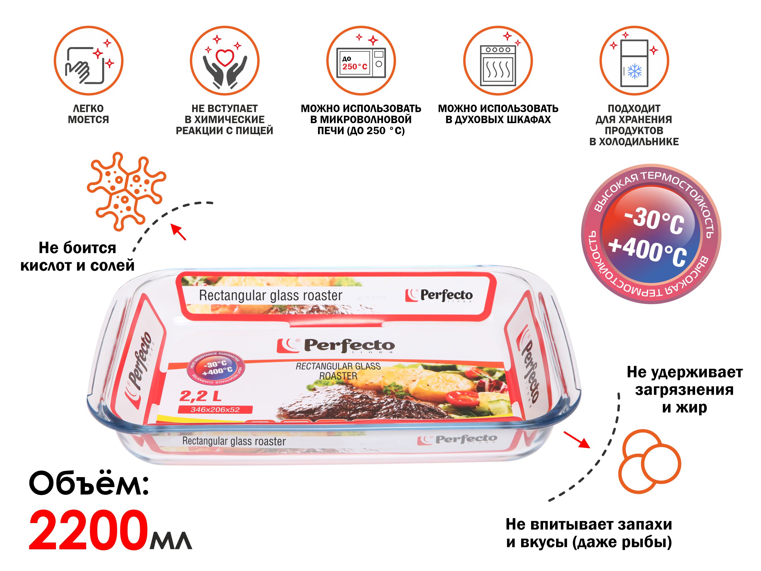 Форма из жаропрочного стекла, 2.2 л, прямоугольная, 345х206х52 мм, PERFECTO LINEA