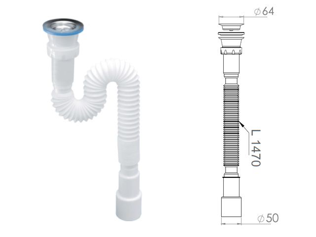 Сифон 1 1/2″х40/50 гофрированный (удлинённый), выпуск 64мм, AV Engineering