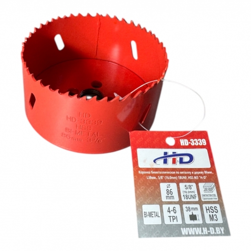 Коронка биметаллическая по металлу и дереву 86мм., L38мм., 5/8"-18UNF, HSS M3 "H-D"
